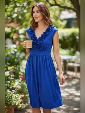 Maggy London Dress Royal Blue Ruffle V Neck sz.6